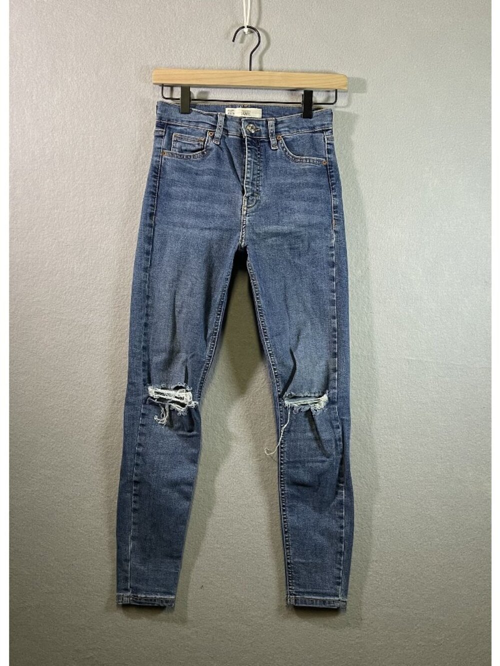 Topshop Moto Jamie High-Waisted Distressed Skinny Jeans W26 L30 Blue Denim